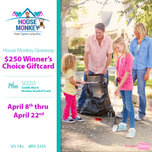 House Monkey Giveaway- Win $250 Winner's Choice Giftcard, SOZO monkey hooded towel and playmat. AEV $355. US 18+. Ends 4-22-16.