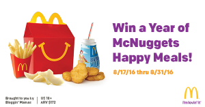 Win McDonalds McNuggets Happy Meals Every Week for a Year. 5 Winnders. Ends 8/31/16.